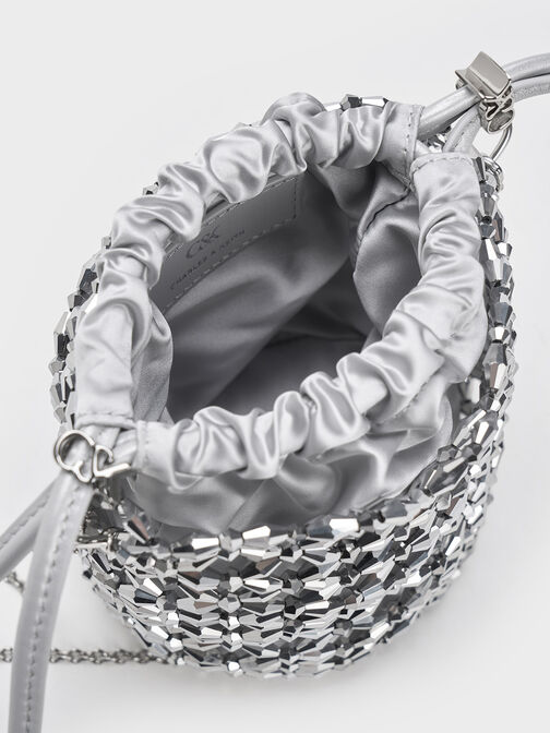 Beaded Chain-Handle Bucket Bag, Silver, hi-res