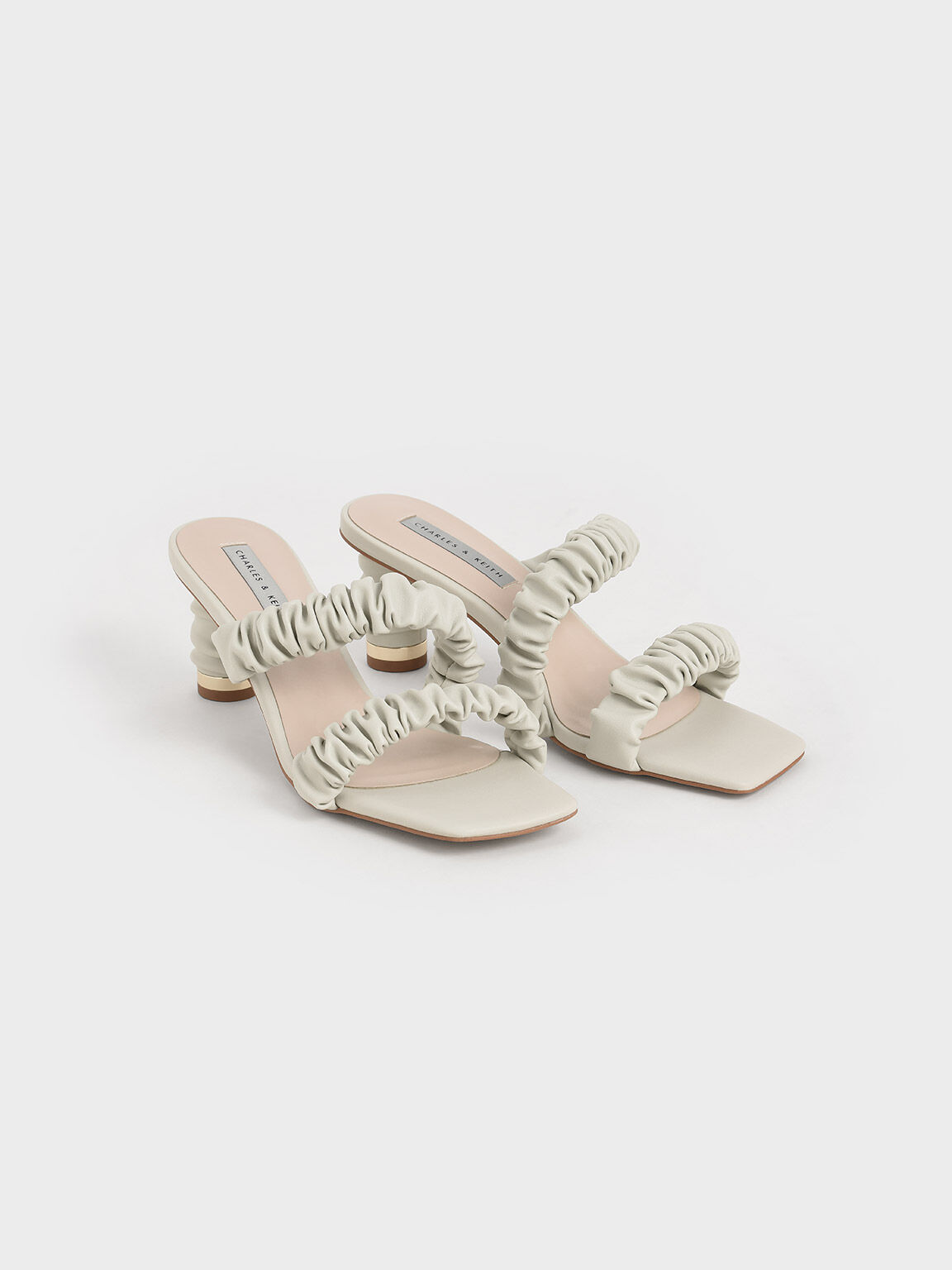 Ruched Strap Mules, White, hi-res
