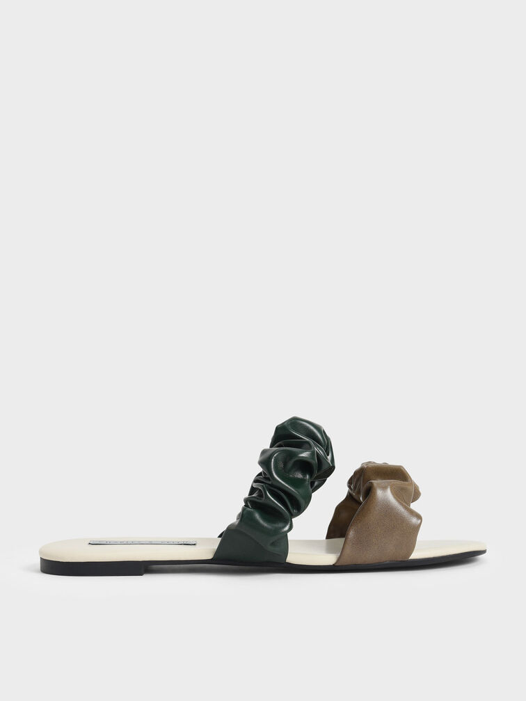 Ruched Strap Slide Sandals, Verde oliva, hi-res