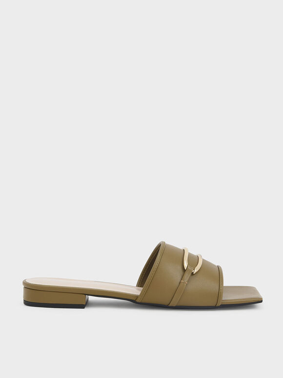 Metallic Accent Square-Toe Slide Sandals, Olive, hi-res