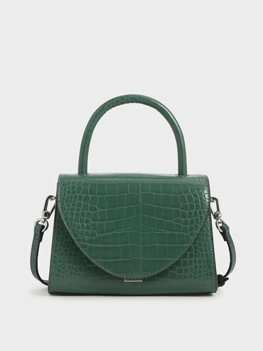 Croc-Effect Structured Top Handle Bag, Green, hi-res