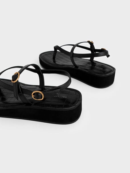 Sandalias de tiras con plataforma plana, Negro, hi-res