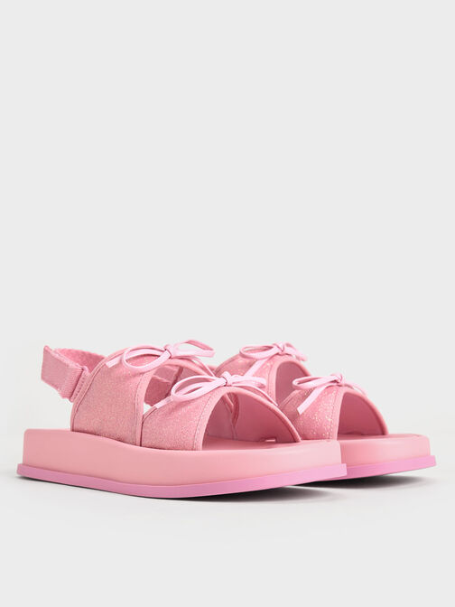 Girls' Glittered Double Bow Sandals, Pink, hi-res