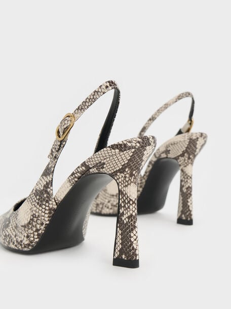 Zapatos destalonados con acabado de serpiente y tacón trapecio, Animal print natural, hi-res