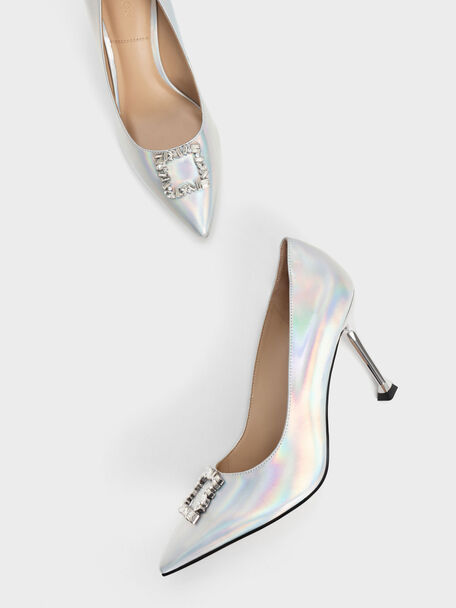 Zapatos de tacón de piel holográfica adornados con gemas, Multicolor, hi-res