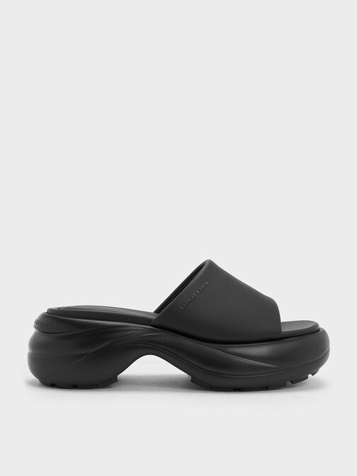 Sandales à large lanière et plateforme incurvée, Noir, hi-res
