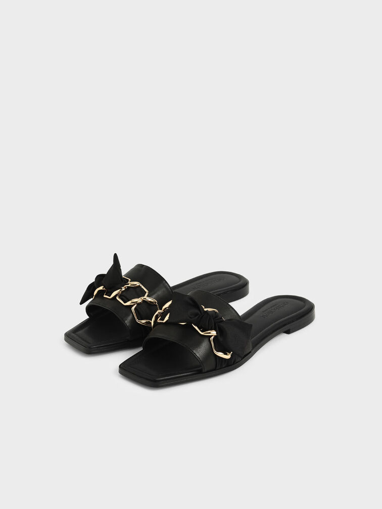 Sandalias de cuero con adorno bufya de satén, Negro, hi-res