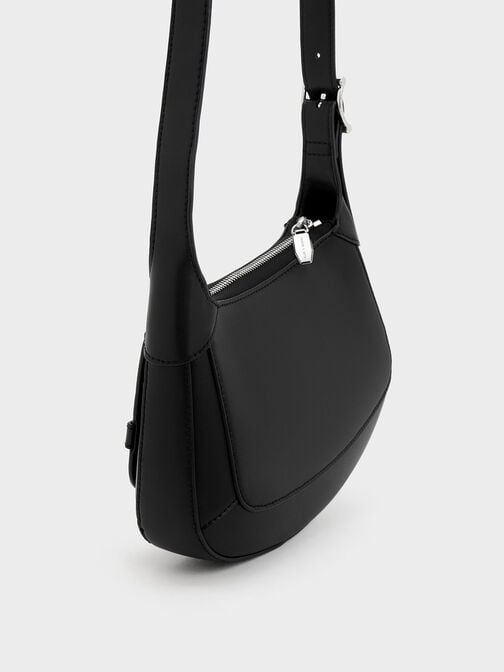 Metallic-Accent Curved Shoulder Bag, Black, hi-res