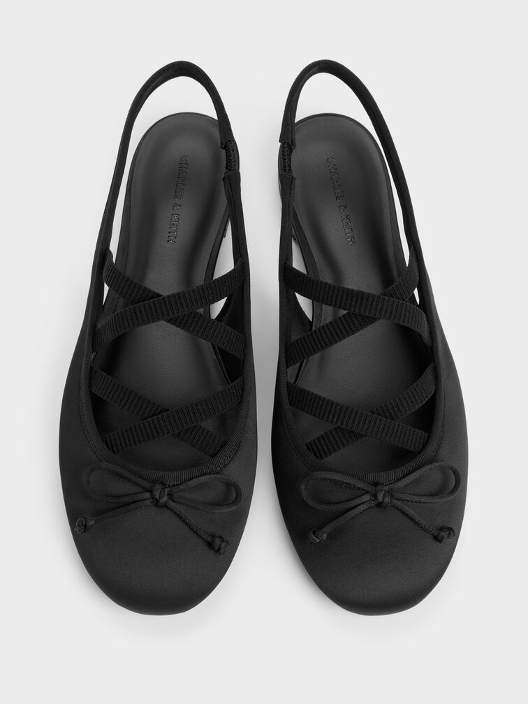 Satin-Ballerinas mit Crossover-Slingback, Schwarz mit Textur, hi-res