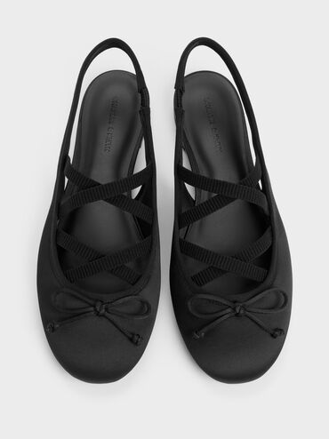 Satin-Ballerinas mit Crossover-Slingback, Schwarz mit Textur, hi-res