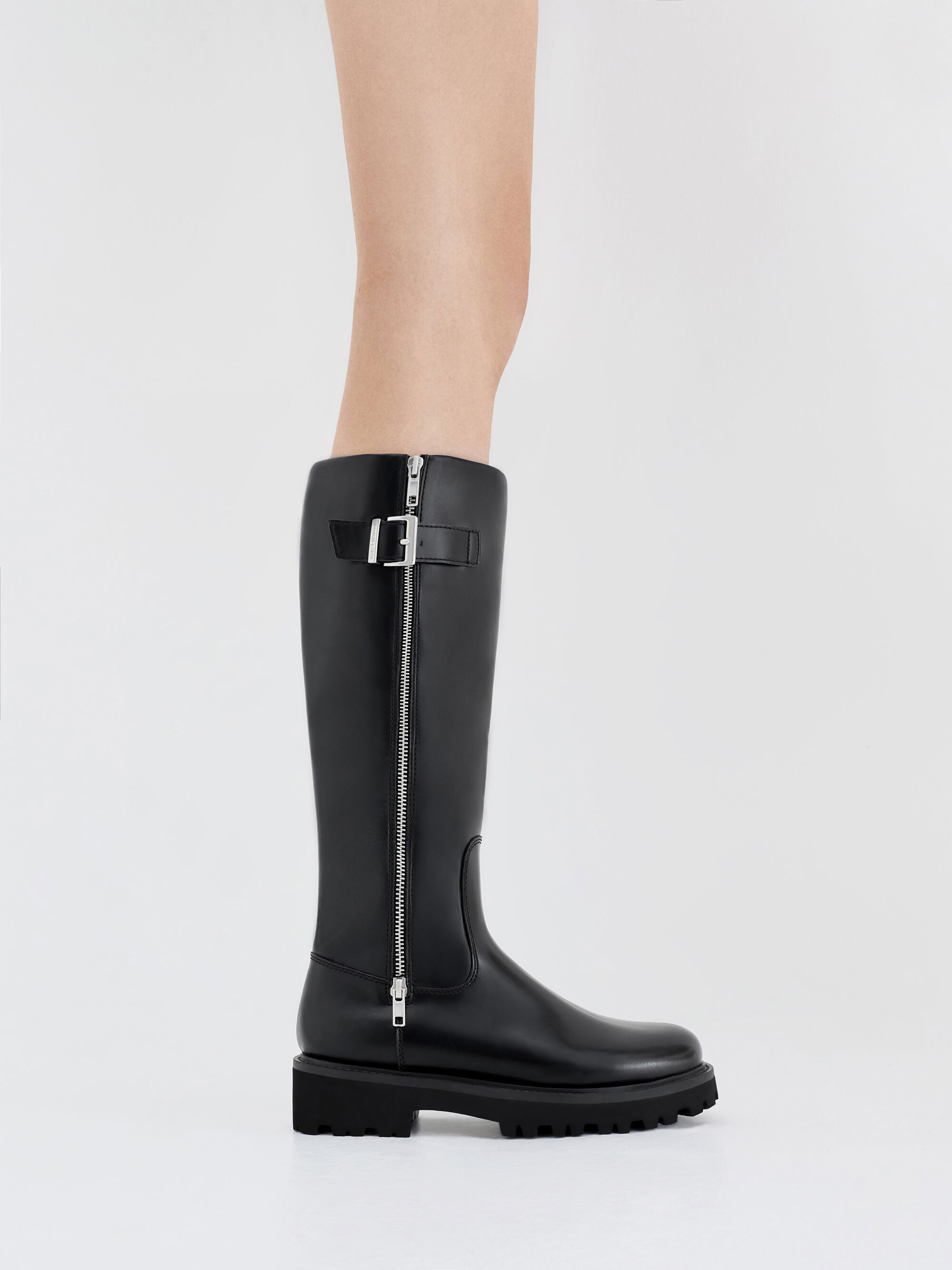 Black Lyndon Buckled Knee-High Boots - Black - Shoes - CHARLES