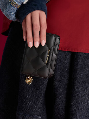 Arrietty Quilted Bow-Heart Charm Small Wallet, Black, hi-res
