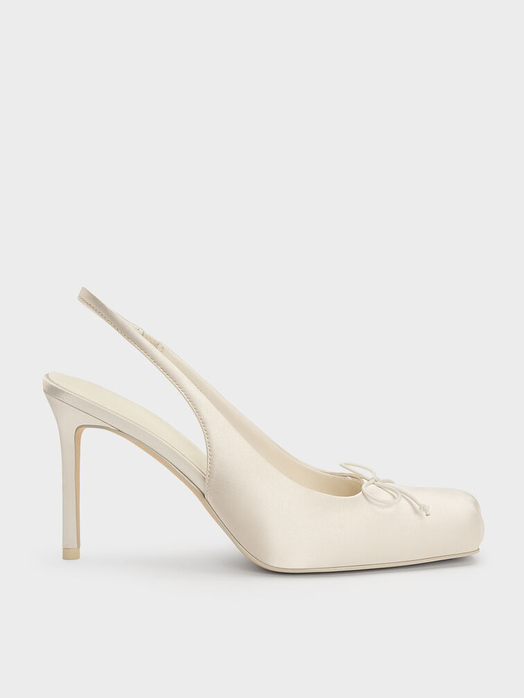 Escarpins slingback fronc&eacute;s en satin &agrave; talon aiguille, Blanc craie, hi-res