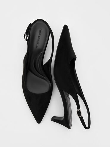 Faux Suede Pointed-Toe Kitten-Heel Slingback Pumps, Black Textured, hi-res