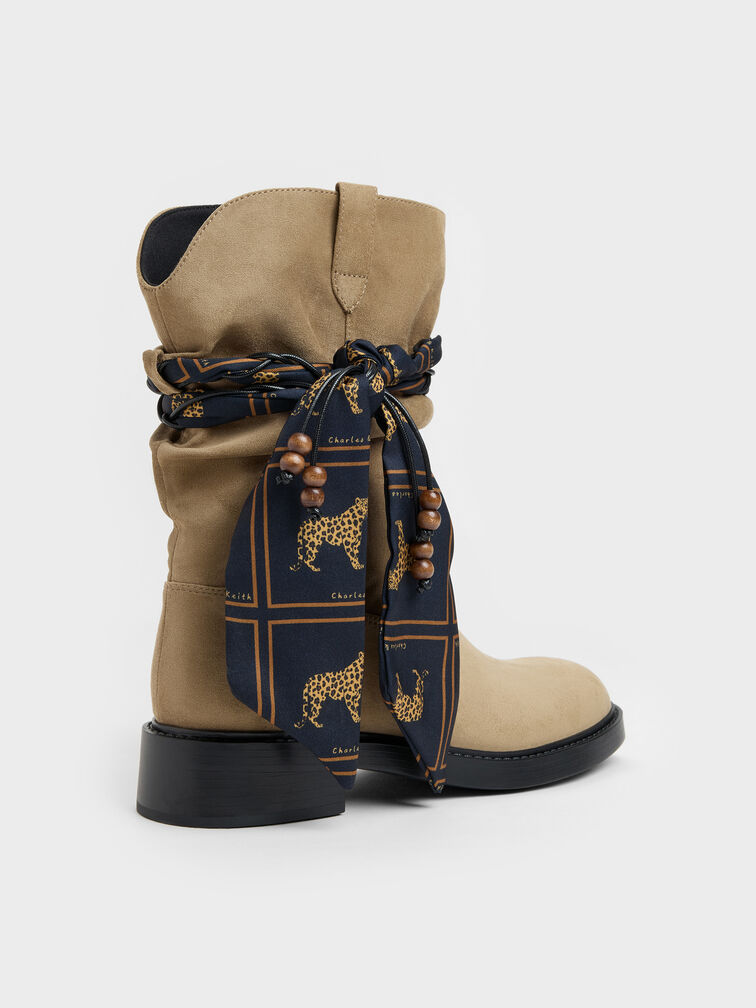 Bottes mi-mollet en su&eacute;dine avec foulard imprim&eacute;, Kaki, hi-res