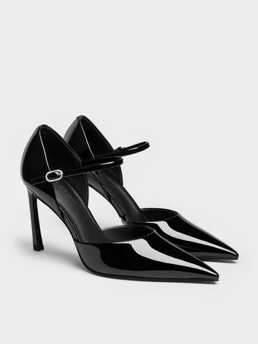 Patent Pointed D'Orsay Stiletto Pumps, Black Patent, hi-res