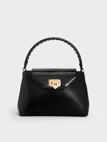 Sac &agrave; main &agrave; effet croco et lani&egrave;re tress&eacute;e Arwen, Noir, hi-res