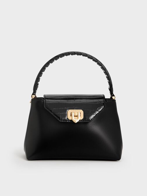 Arwen Croc-Effect Top Handle Bag, Black, hi-res