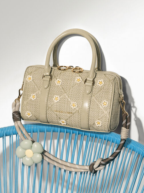 Borsa Bowling Philomena in Raffia con Fiori, Pale Olive, hi-res