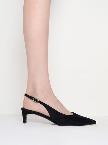 Faux Suede Pointed-Toe Kitten-Heel Slingback Pumps, Black Textured, hi-res