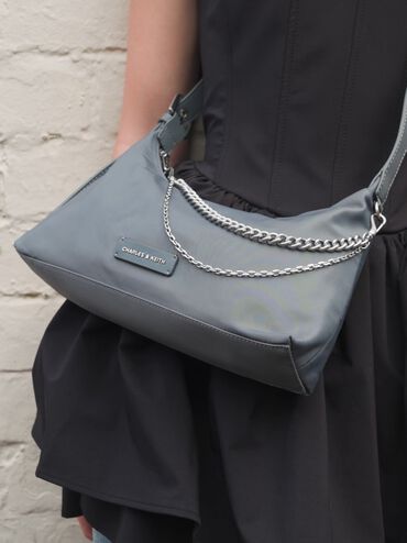 Nylon Chain-Link Trapeze Shoulder Bag, Grey, hi-res
