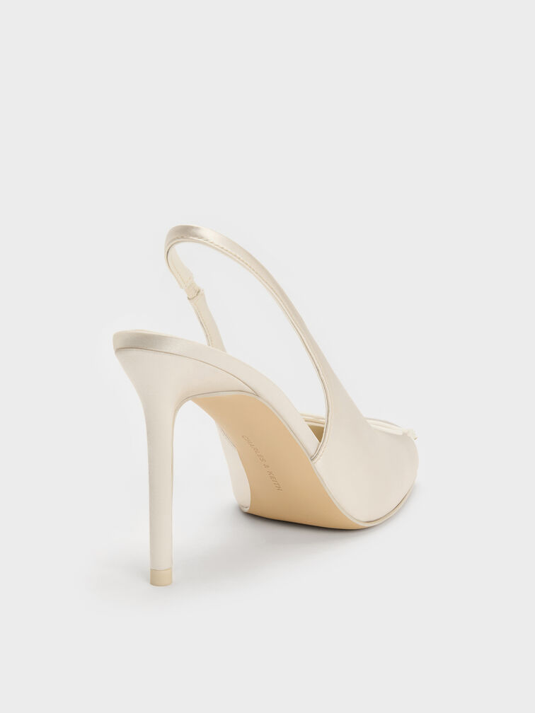 Escarpins slingback fronc&eacute;s en satin &agrave; talon aiguille, Blanc craie, hi-res
