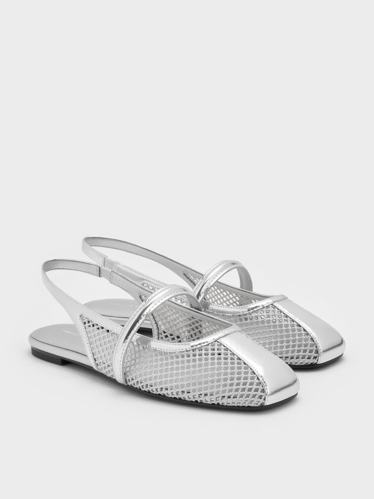 Flache Ellory Mary Jane Slingbacks aus Mesh, Silber, hi-res