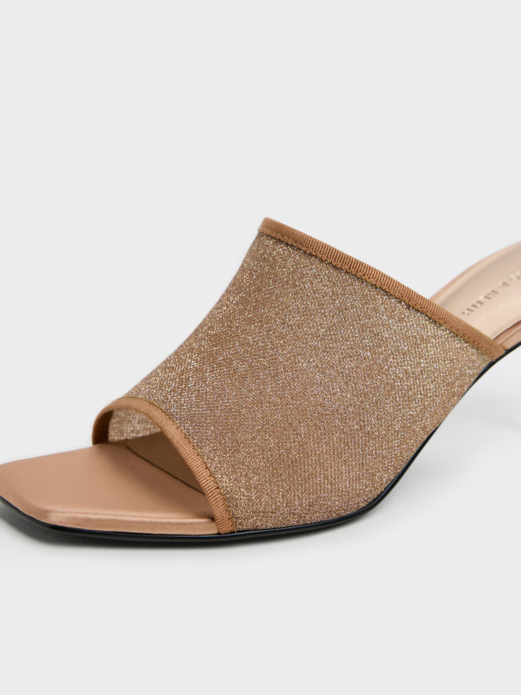 Mules &agrave; talons en mesh paillet&eacute;, Marron, hi-res
