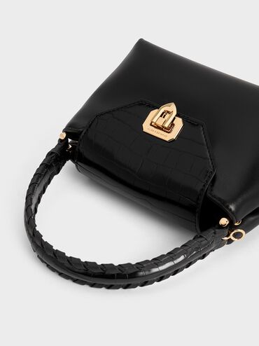 Sac &agrave; main &agrave; effet croco et lani&egrave;re tress&eacute;e Arwen, Noir, hi-res