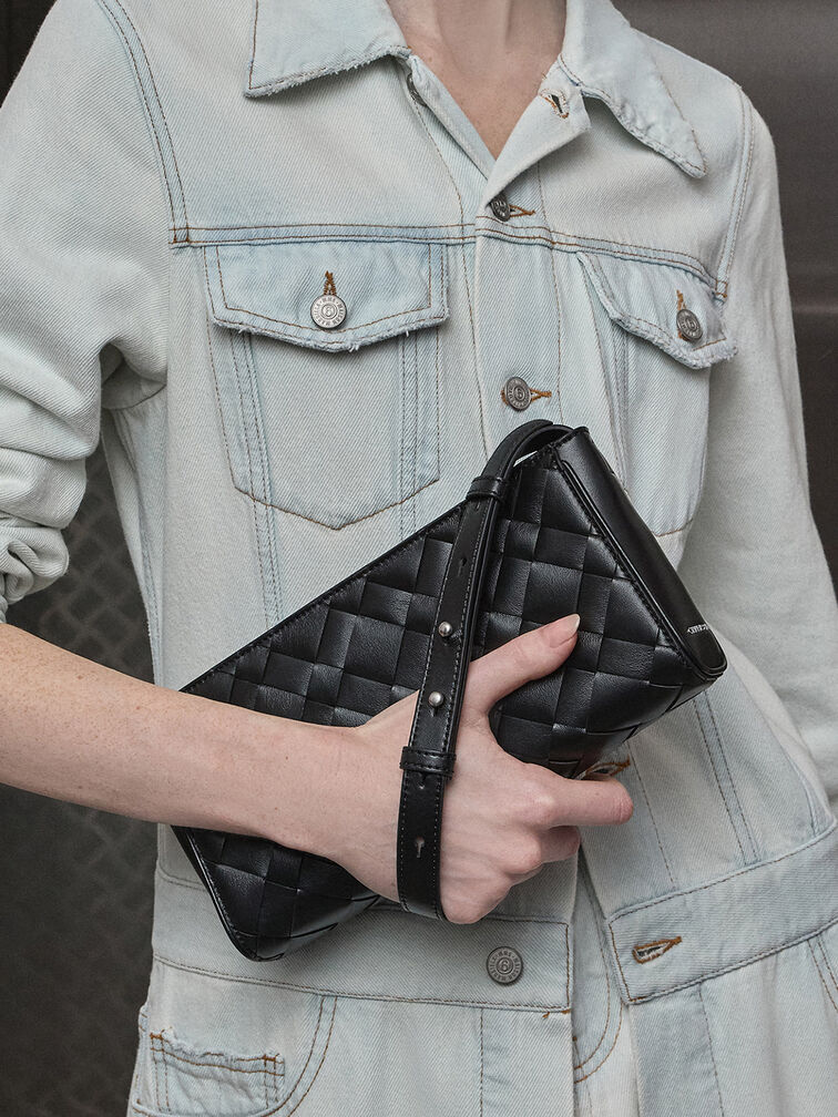 Ivette Woven Elongated Shoulder Bag, Noir, hi-res