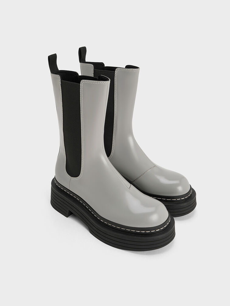 Bottes Chelsea mi-mollet à plateforme avec surpiqûre, Gris, hi-res