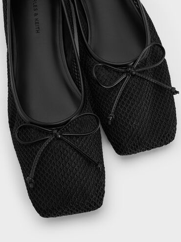 Mesh Square-Toe Bow Ballet Flats, Black Textured, hi-res