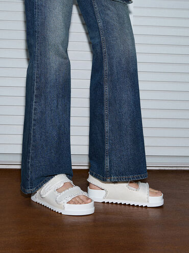 Mesh Pearl-Embellished Flatform Sandals, White, hi-res