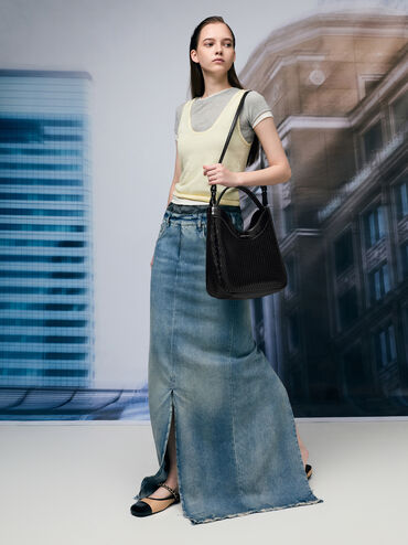 Juno Perforated Hobo Bag, Noir, hi-res