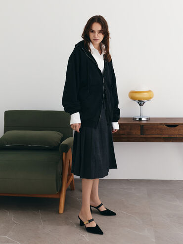 Lando Velvet Pointed-Toe Metallic-Buckle Heeled Mules, Black Textured, hi-res