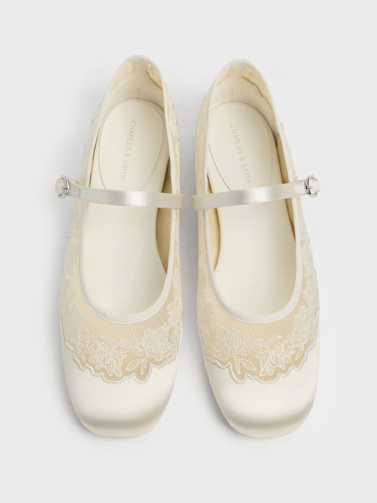 Ballerine Mary Jane in raso e mesh ricamato, Bianco, hi-res