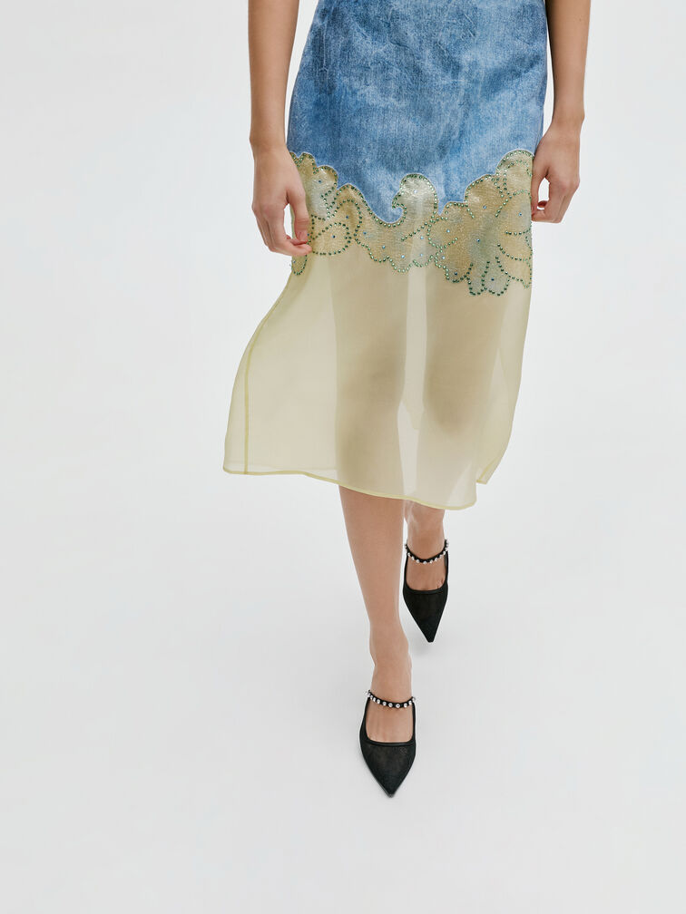 Mules à talon en dentelle et satin ornées de cristaux, Noir Texturé, hi-res