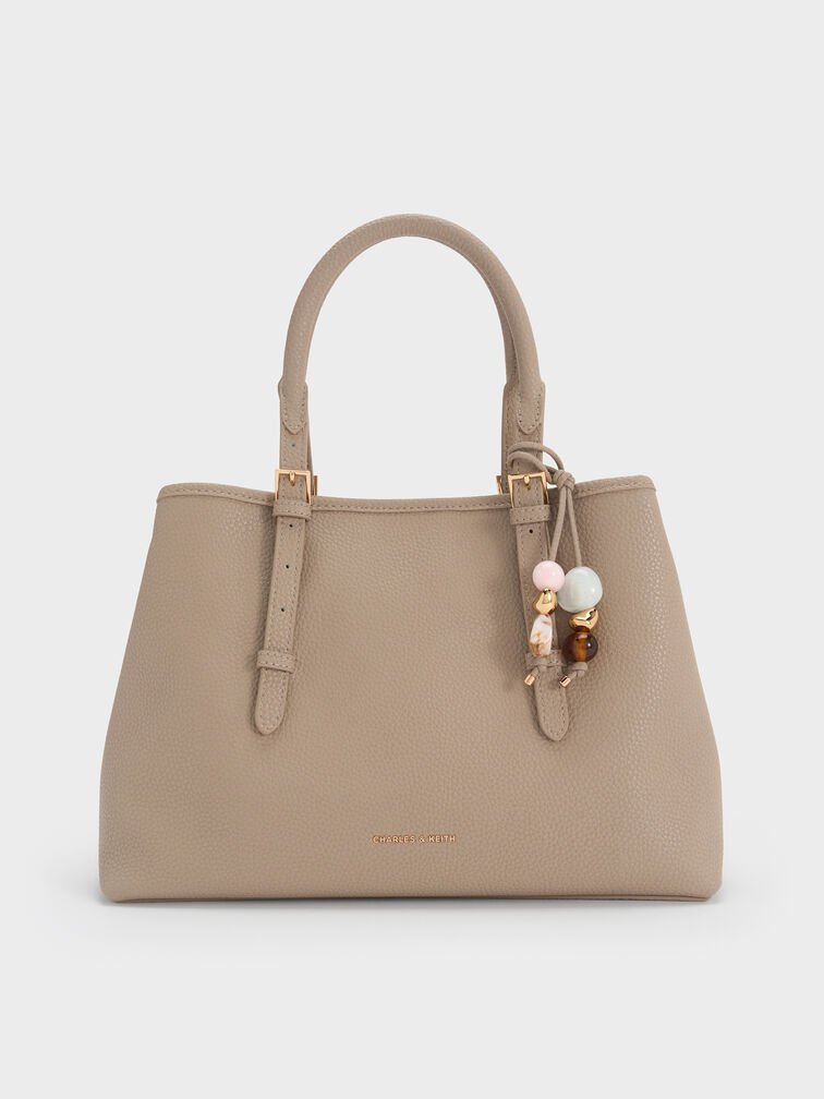 Torba typu tote Baral z koralikową zawieszką, Taupe, hi-res