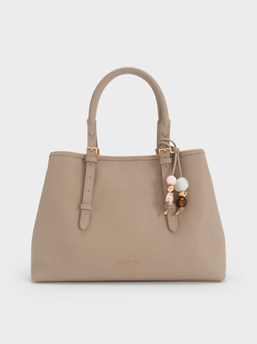 Torba typu tote Baral z koralikową zawieszką, Taupe, hi-res