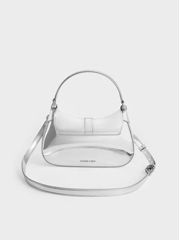 Agatha Metallic Chain-Accent Hobo Bag, Silver, hi-res
