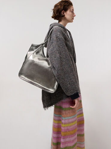 Sianna Metallic Crinkle-Effect Slouchy Tote Bag, Pewter, hi-res