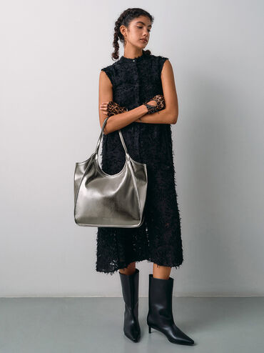 Sianna Metallic Crinkle-Effect Slouchy Tote Bag, Pewter, hi-res