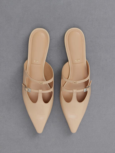 Mules à double bride salomé en cuir, Beige, hi-res