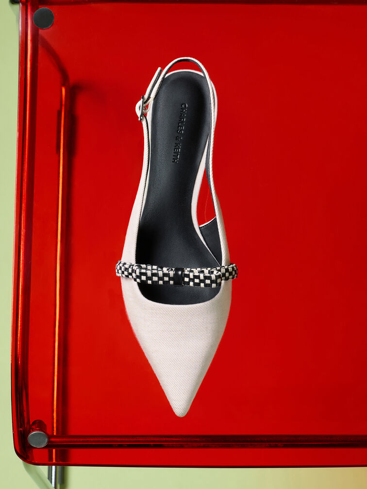 Kaleen slingback-flats i h&oslash;r med flettet sl&oslash;jfe, Kridt, hi-res