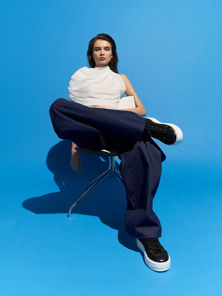 Mesh Flatform Sneakers, Black Textured, hi-res