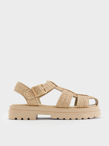 Raffia Caged Sandals, Taupe, hi-res