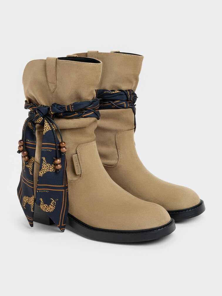 Bottes mi-mollet en su&eacute;dine avec foulard imprim&eacute;, Kaki, hi-res