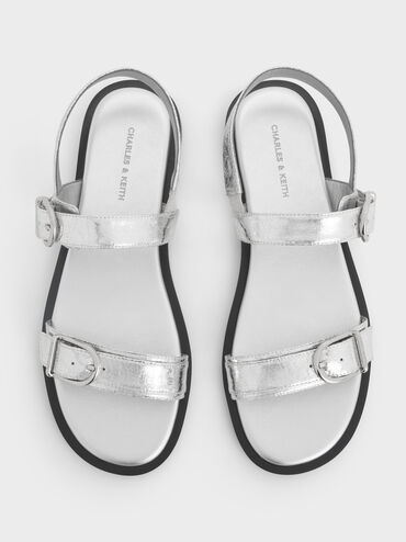 Metallic Double Buckle-Strap Slingback Sandals, Silver, hi-res