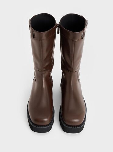 Side-Zip Lug-Sole Calf Boots, Dark Brown, hi-res
