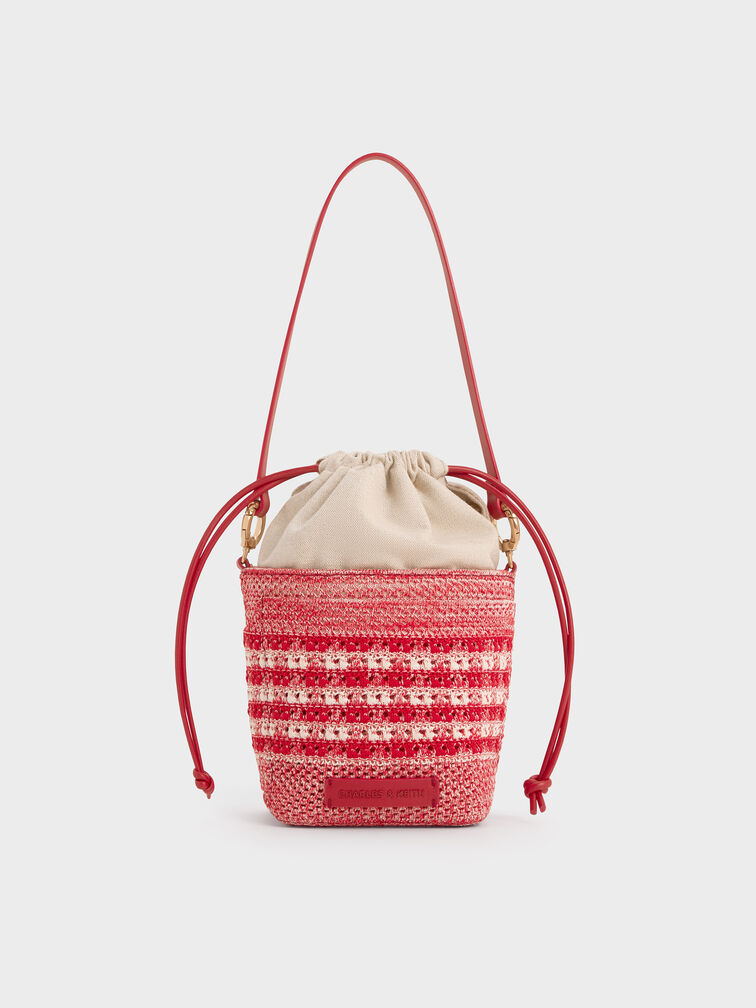 Girls' Ida Knitted Gingham Bucket Bag, Rotkariert, hi-res